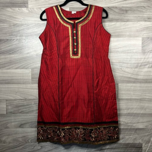 Womens Kurti Size M Red Black Stripe Floral Sleeveless Embroidered Buttons Boho